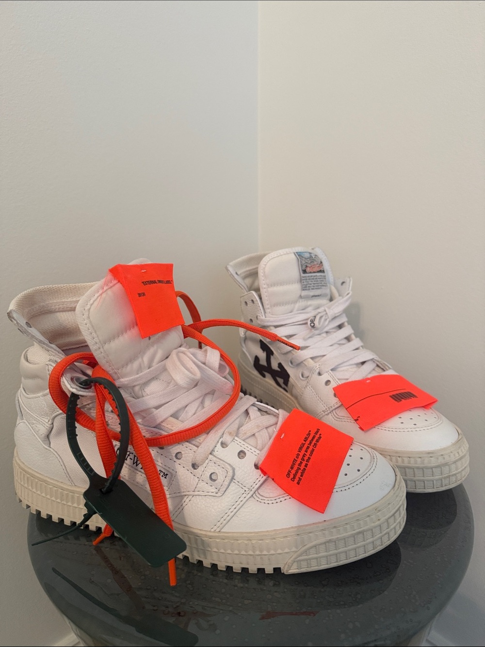 Off-White White High-Top Sneakers with Bright Orange Tags